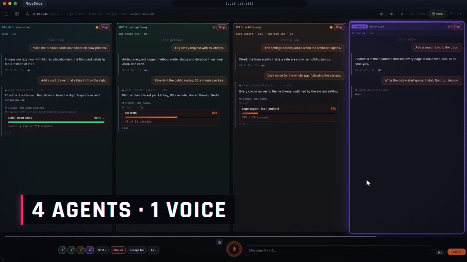 Four agent columns, each working on a different project